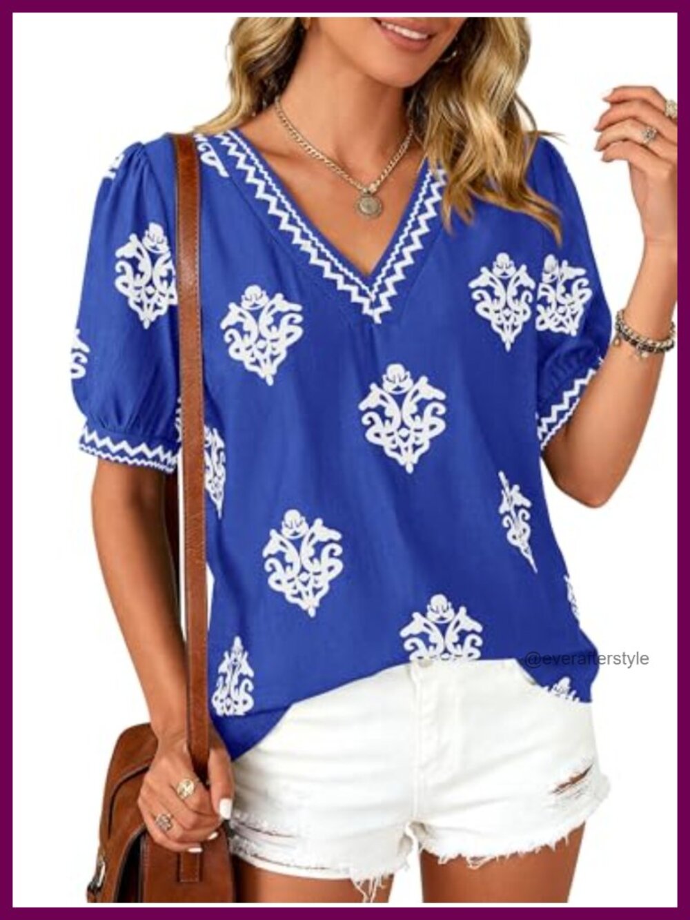 Womens V-Neck Short Sleeve Floral Peasant Top Loose Fit Tunic Blouse